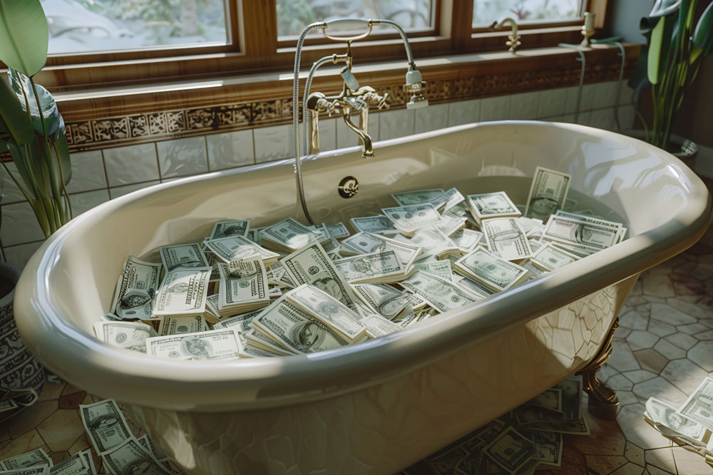 Clawfoot bathtub filled with money representing budget-friendly remodeling
