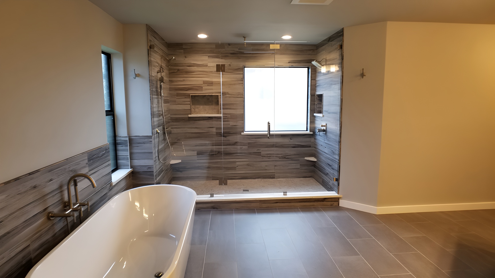 After photo of a remodeled South Austin bathroom featuring Spacious shower, updated finishes and modern design by MHM Remodeling.
